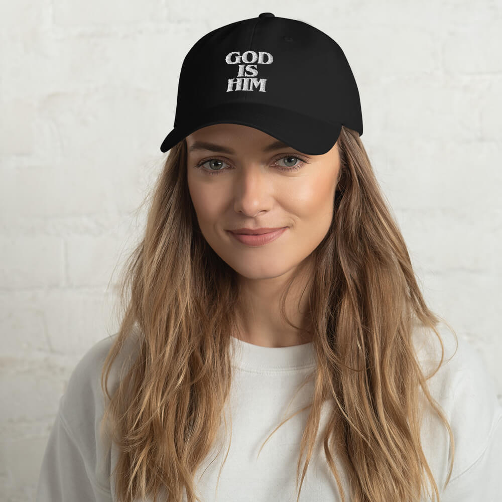 God_Is_Him_text_dad_hat_black_female_mockup