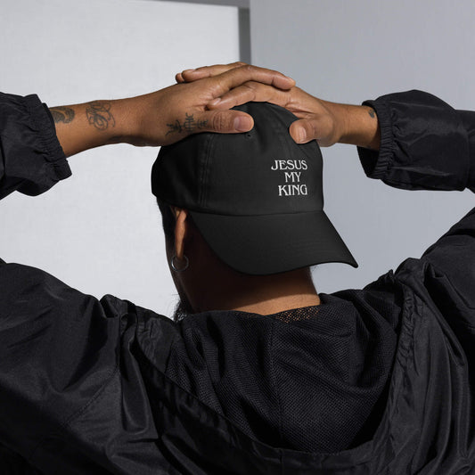 Jesus_My_King_text_dad_hat_male_mockup_front