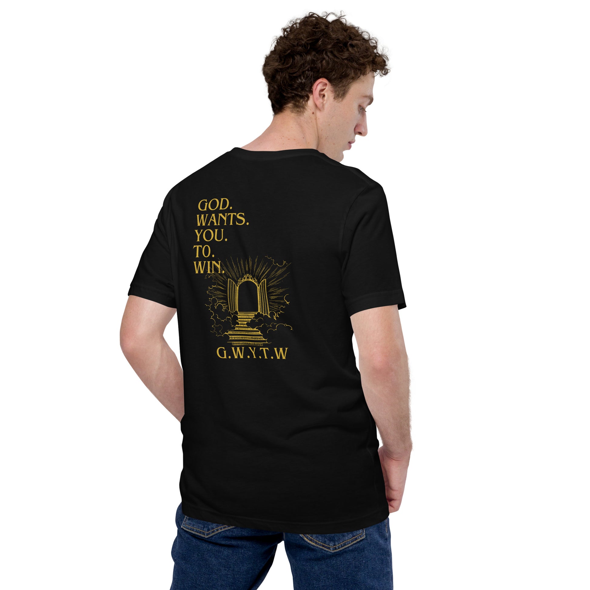 God Wants You To Win black t shirt back male model mockup.