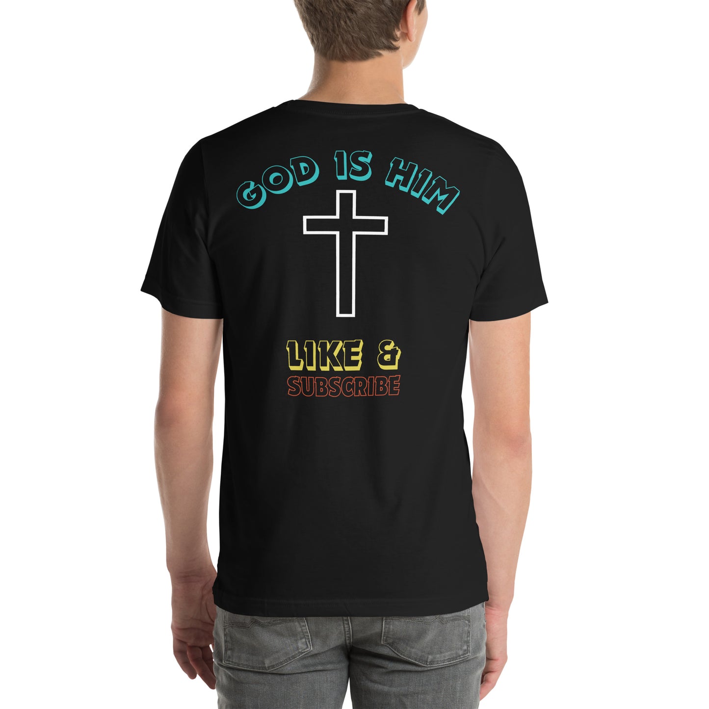 God Is Him T-Shirt black back male model mockup.