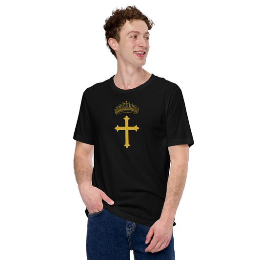 Black gold cross with crown t shirt male mockup front.