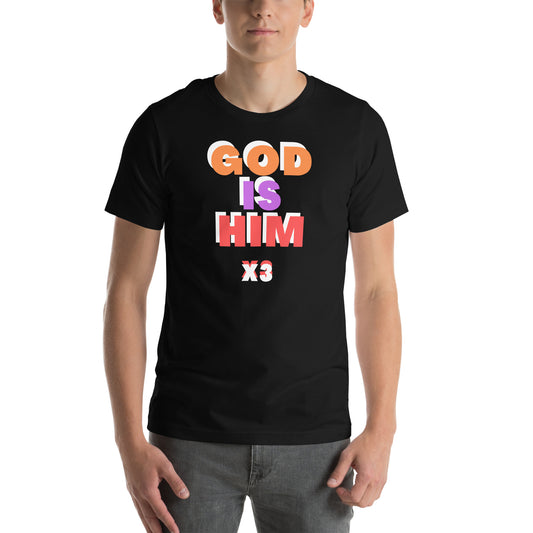 God Is Him color t shirt front male mockup.